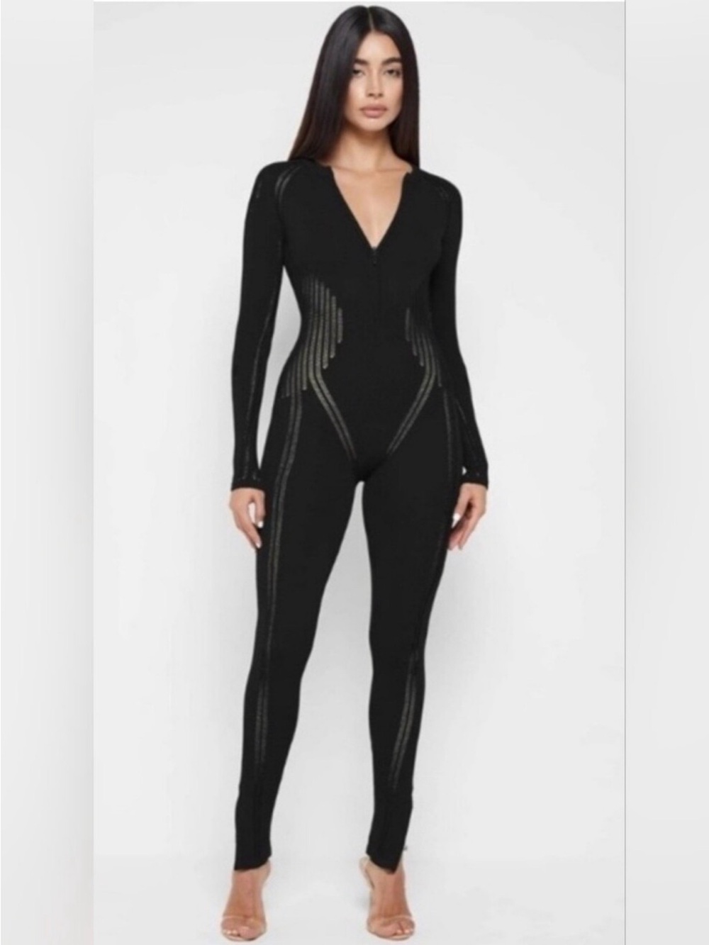 Manière De Voir Black Sculpting V-Neck Long Sleeve Jumpsuit M